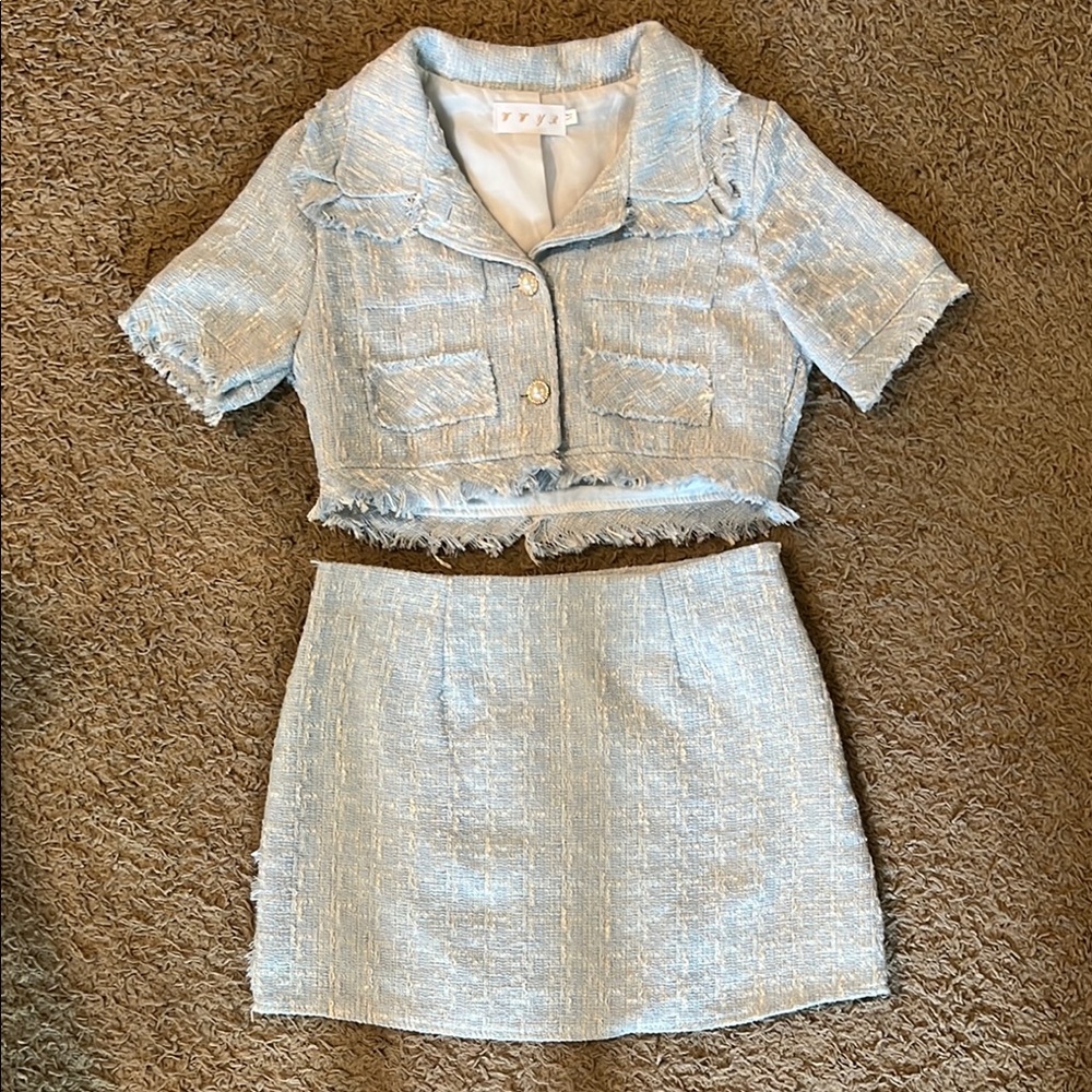 Stylish Blue Tweed Two-Piece Set